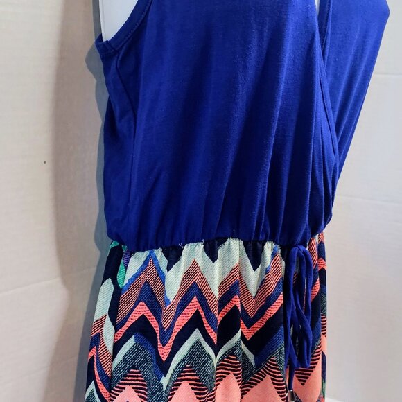 Y2K EMERALD SURPLICE ROMPER ROYAL BLUE KNIT CHEVRON SHORT SZ L 3" INSEAM - Picture 4 of 11